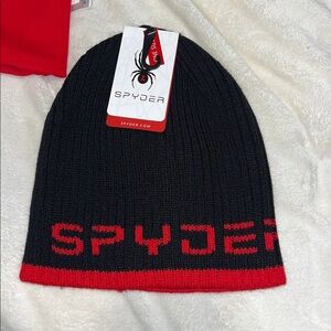 Black Red Trim Spyder knit ski snowboard Volcano print winter cap beanie hat